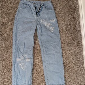 ROMWE Light Blue Straight Leg Jeans with Skull Detail